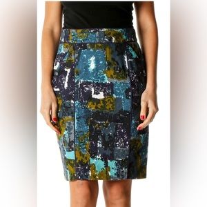 ANTHROPOLOGIE Tabitha Printed Brunch Pencil Skirt, Navy, Blue, Green, Size 4